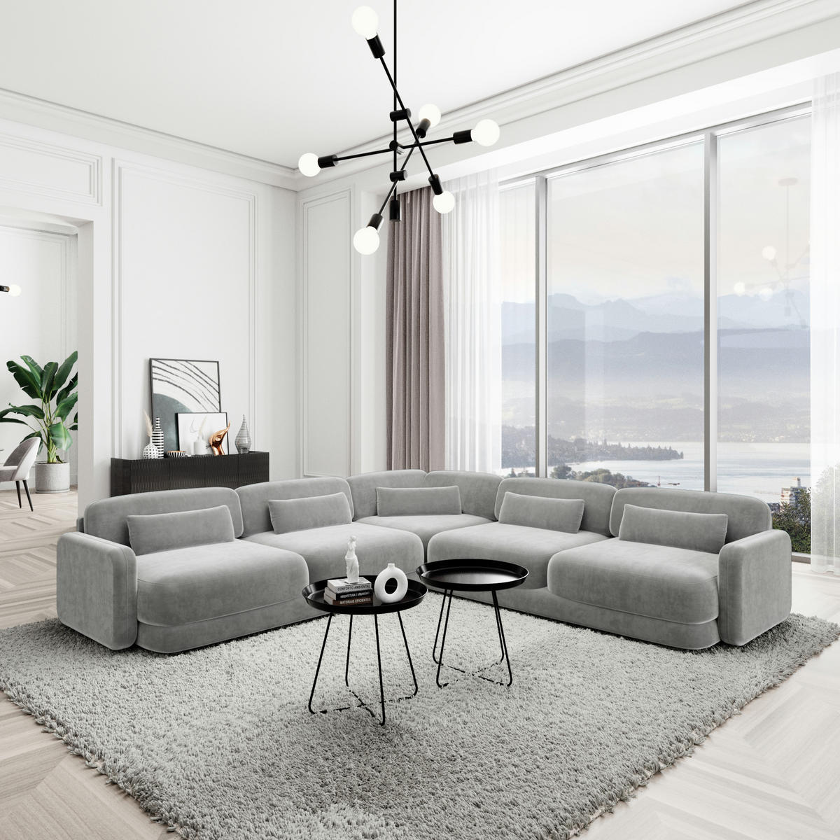ECKSOFA Valencia L Form Samtstoff Hellgrau - Hellgrau, Textil (229/229cm) - Sofa Dreams