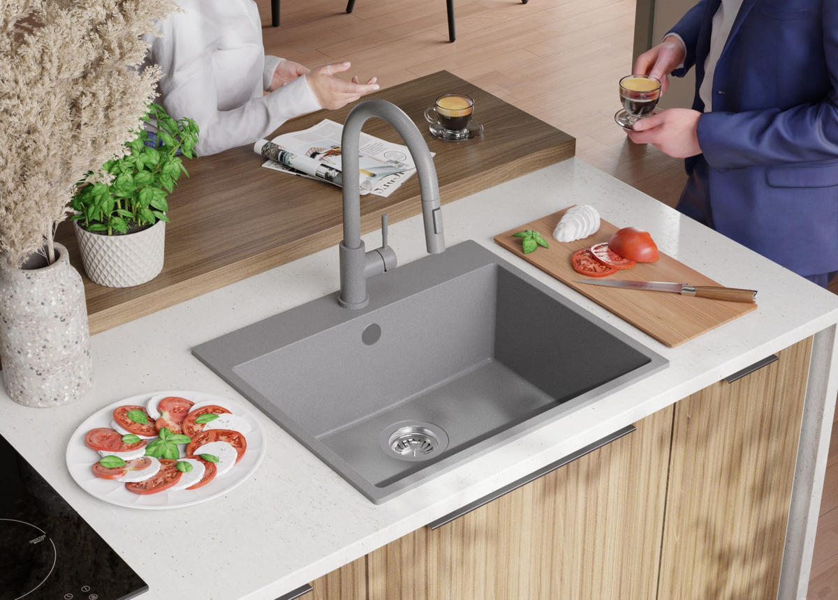 SPÜLBECKEN Riga, 2-er set Grau 58/50 cm 1 Becken + Ablauf-Set ab 60er Unterschrank - Chromfarben/Grau, Kunststoff (58/20/50cm) - Primagran