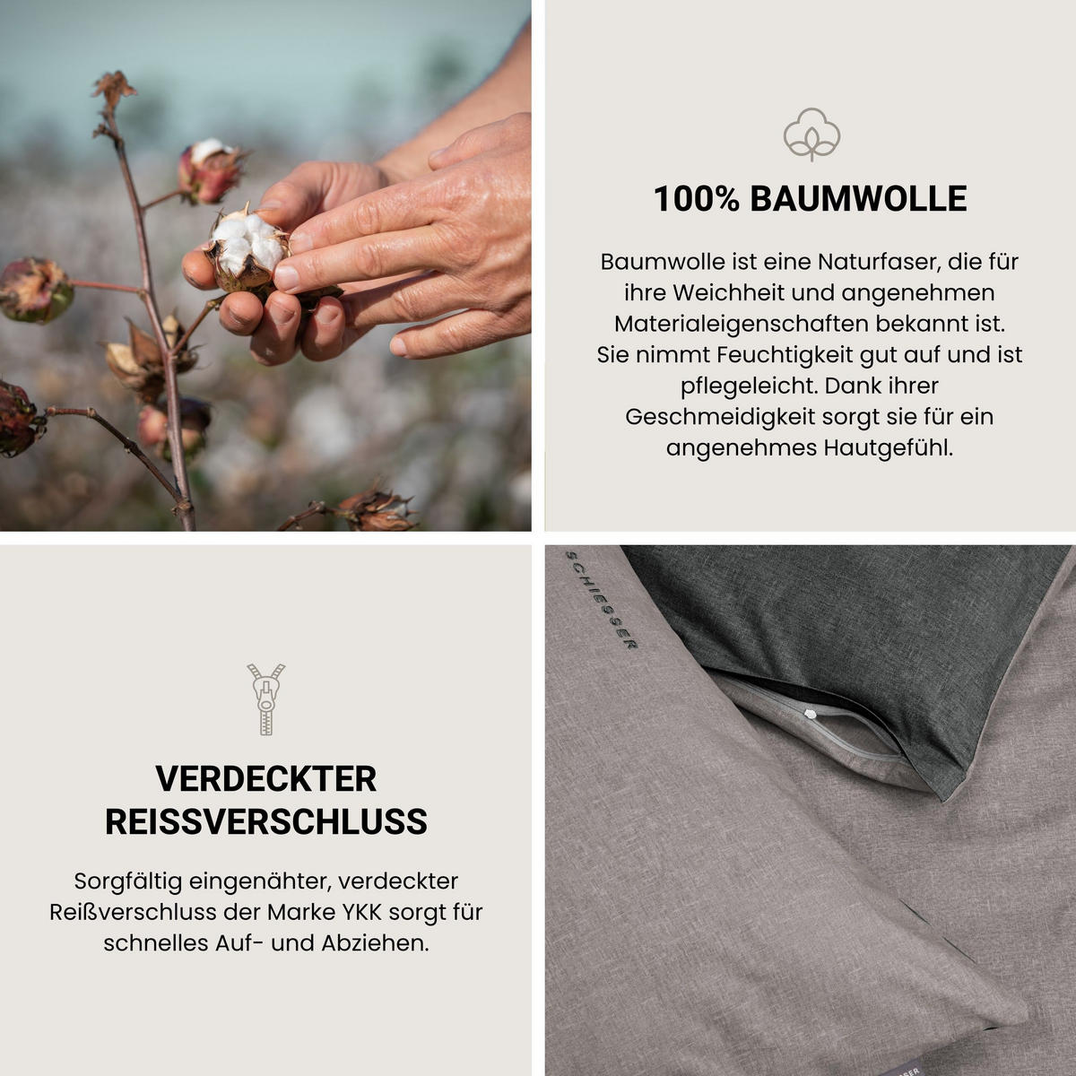 KISSENHÜLLENSET Doubleface Renforcé 2-teilig 40x80 cm Grau-Schwarz - Schwarz, Textil (40/80cm) - SCHIESSER