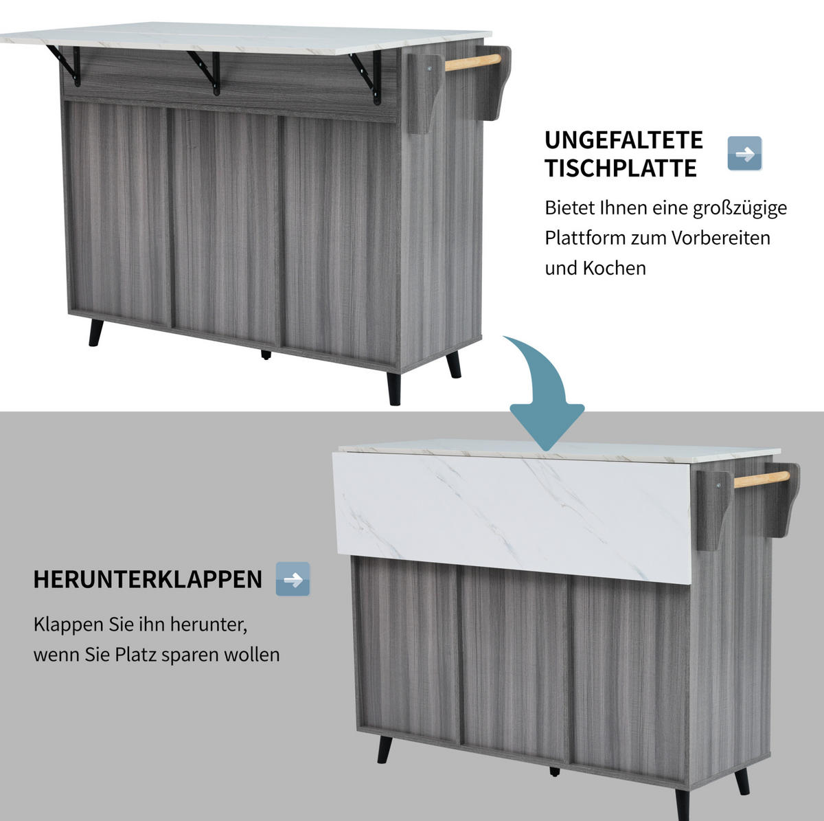 KÜCHENINSEL 129/46(71)/91,5 cm mit klappbarer Tischplatte, Stauraum und 5 Rädern aus MDF, Grau/Weiß - Grau, Holzwerkstoff (129/91.5/71cm) - Redom
