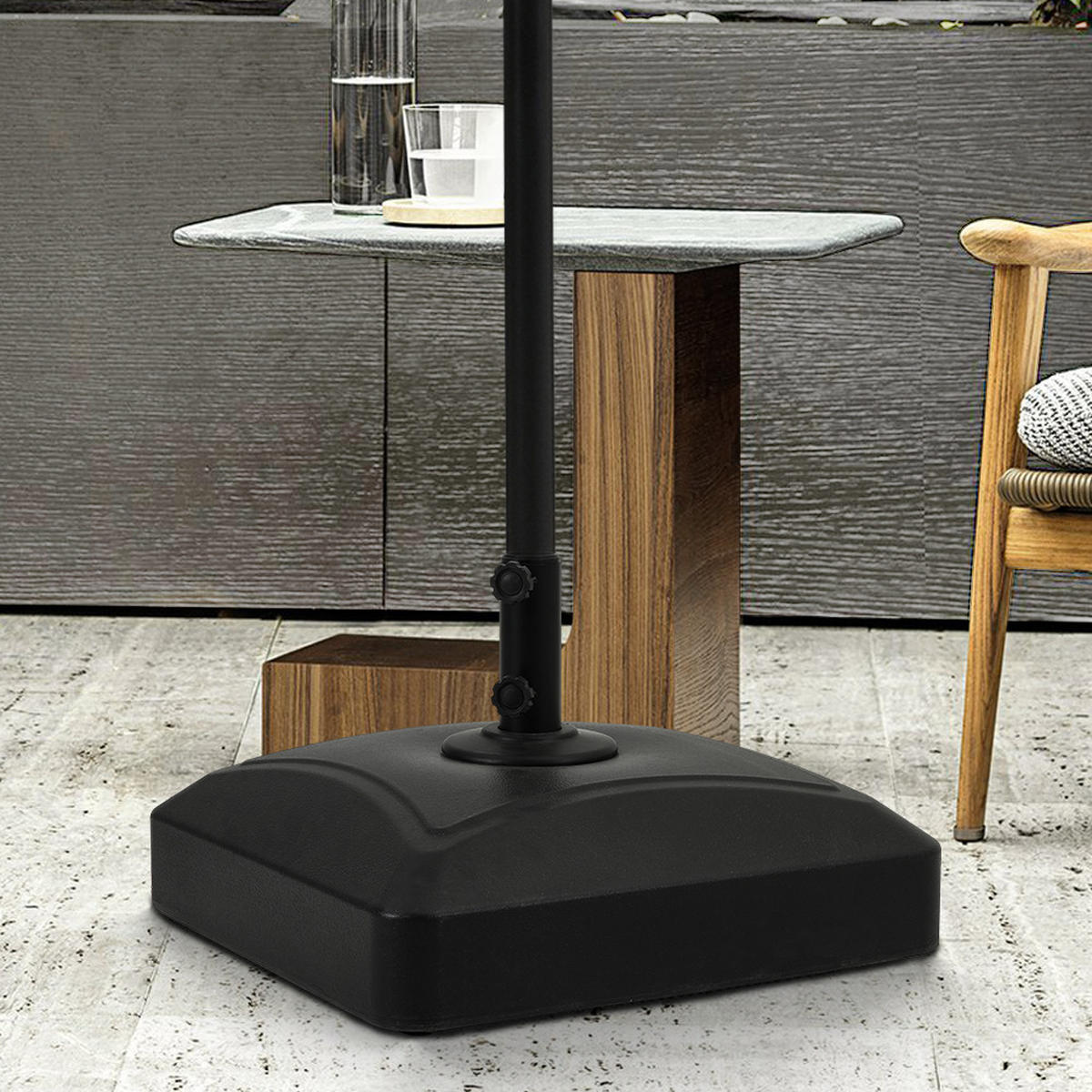 SONNENSCHIRMSTÄNDER mit Rollen aus HDPE in Schwarz quadratisch befüllbar 55 × 55 × 35 cm befüllt bis zu 35 kg - Schwarz, Metall (55/55cm) - Livingandhome