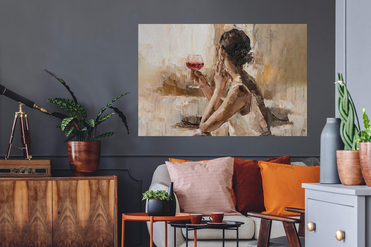 WANDTATTOO Ölgemälde - Frau - Wein 120x80 cm - Hellbraun, Kunststoff (120/80/0.1cm) - MuchoWow