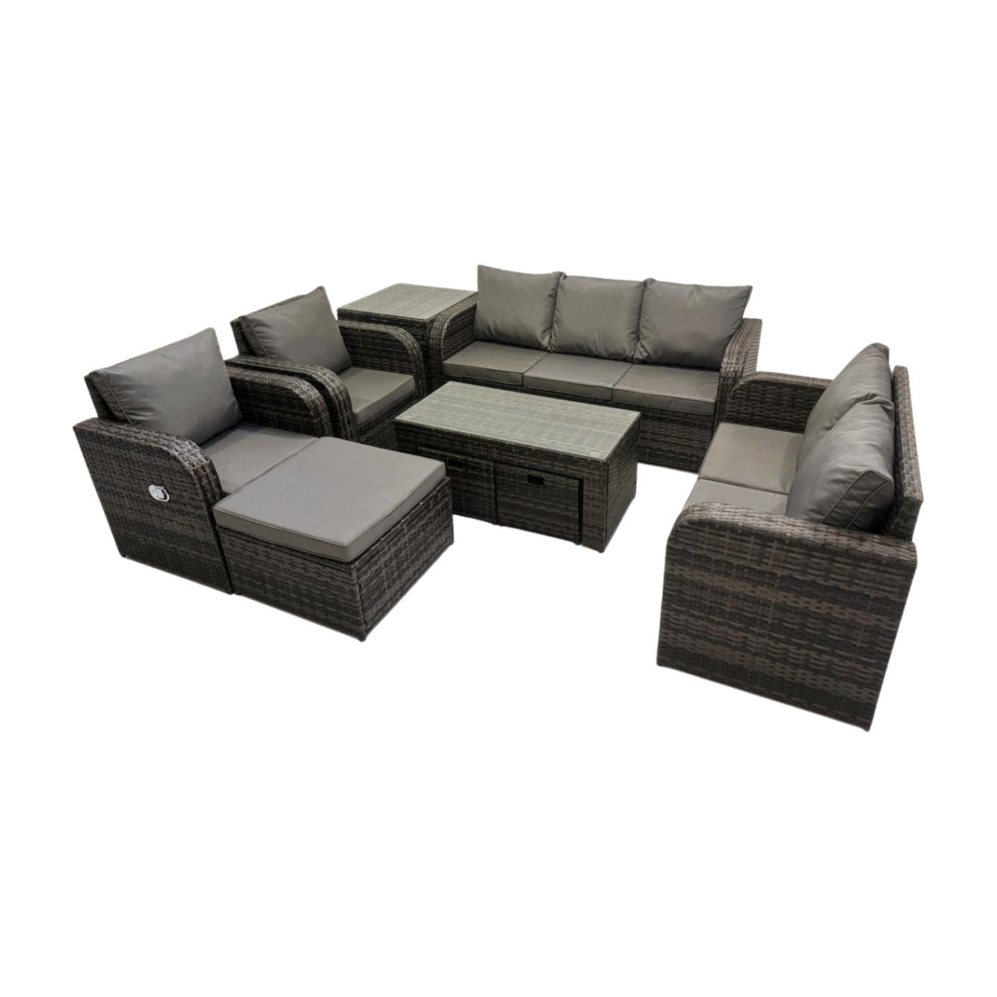 GARTENSOFA SET mit rechteckigem COUCHTISCH Polyrattan 10-Sitzer Dunkelgrau - Dunkelgrau/Grau, Glas/Kunststoff - Fimous