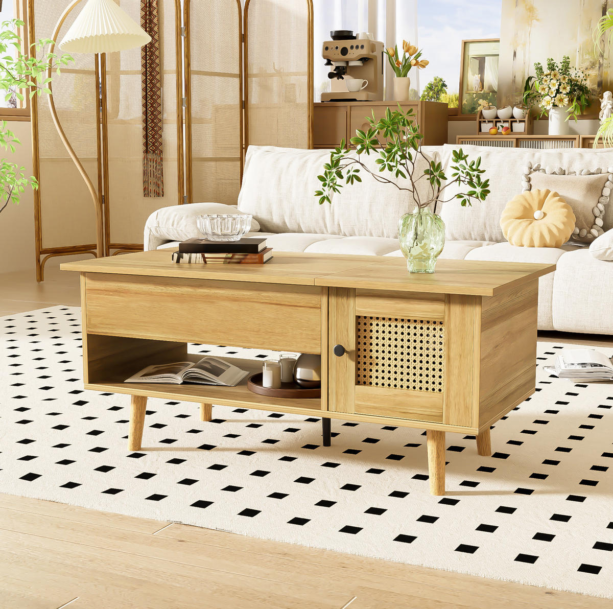 COUCHTISCH 103/50/46-60 cm mit anhebbarer Tischplatte und Rattan-Optik - Naturfarben, Holzwerkstoff (63.5/50/60cm) - Flora Grace