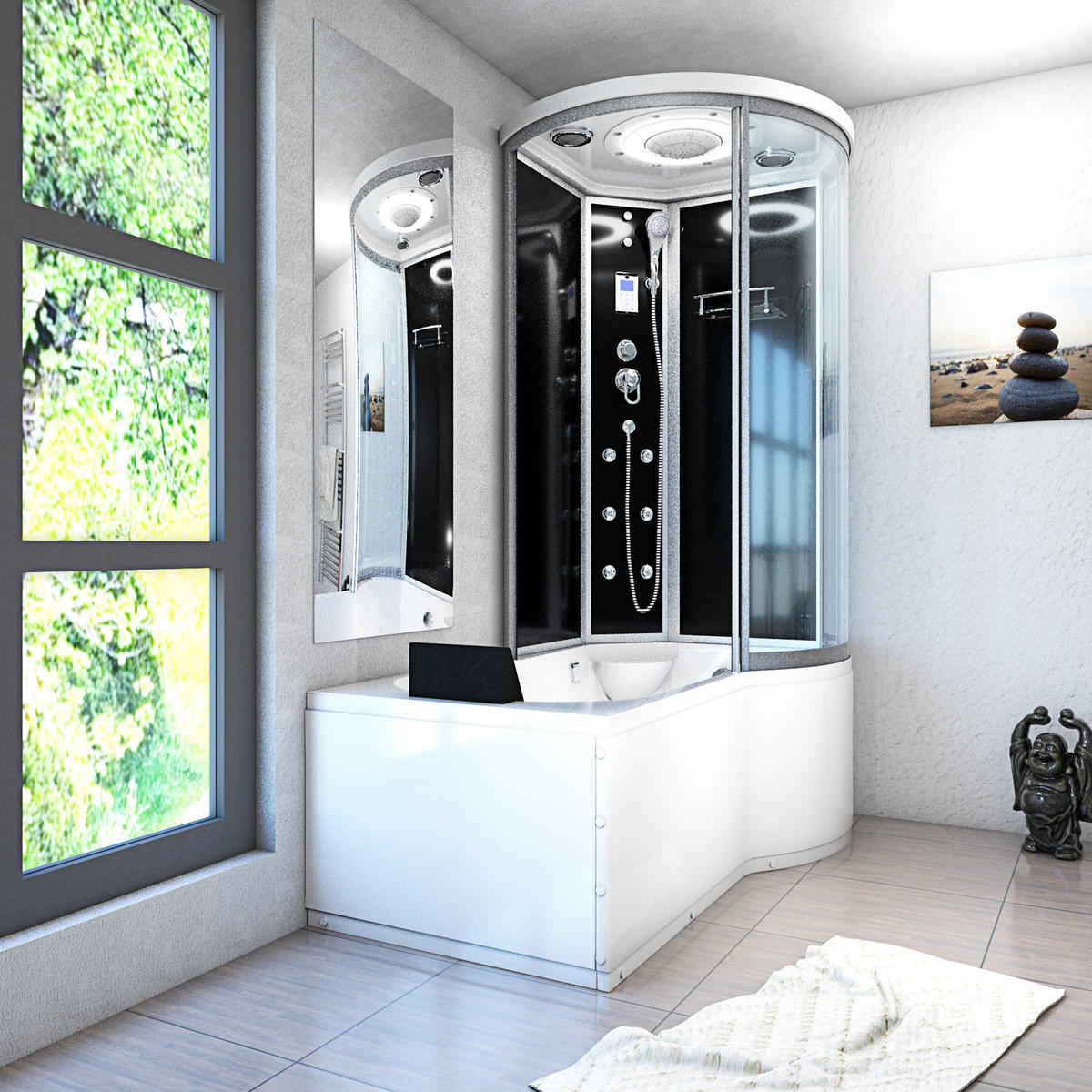DUSCHKABINE mit Wanne K55-L31 Schwarz 170x100 - Schwarz, Glas/Kunststoff (170/98/220cm) - AcquaVapore by Sandra Jentho
