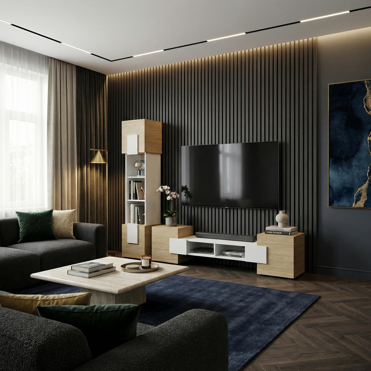 WOHNWAND TORINO Hängend + Stehend, 2-er Set, Mattes Finish, Arktisches Weiß, Ölbehandelt Eiche - Eichefarben/Weiß, Holzwerkstoff/Kunststoff (220/172/35cm) - Komodee