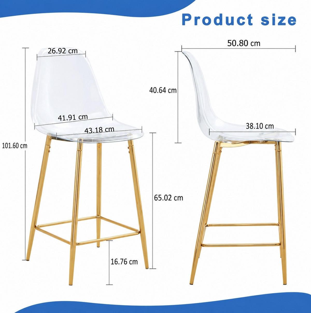 BARHOCKER 2er-Set Transparent Metallgestell Gold - Goldfarben, Metall (45/102/51cm) - Meubliv