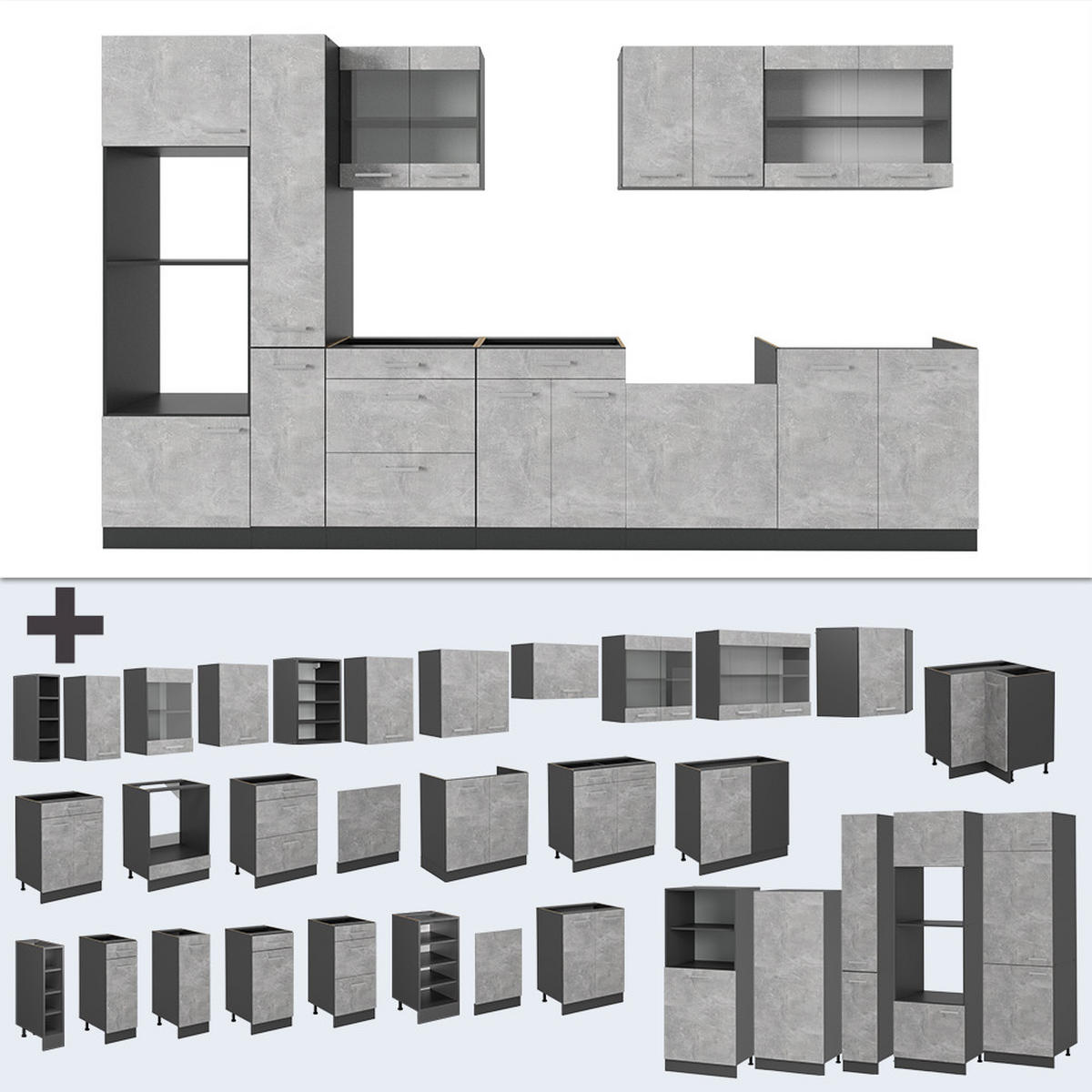 KUCHYNĚ R-Line Beton/antracit - šedá/antracitová, kompozitní dřevo (350/81.6/60cm) - Vicco