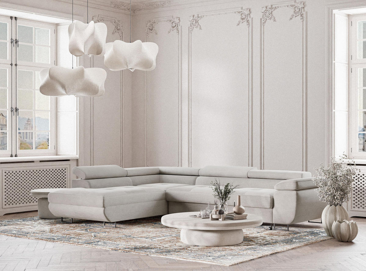 ECKSOFA Concord Beige grau Chenille-Stoff - Links Seite - Greige/Schwarz, Holz/Holzwerkstoff (203/277cm) - Maison de Reve