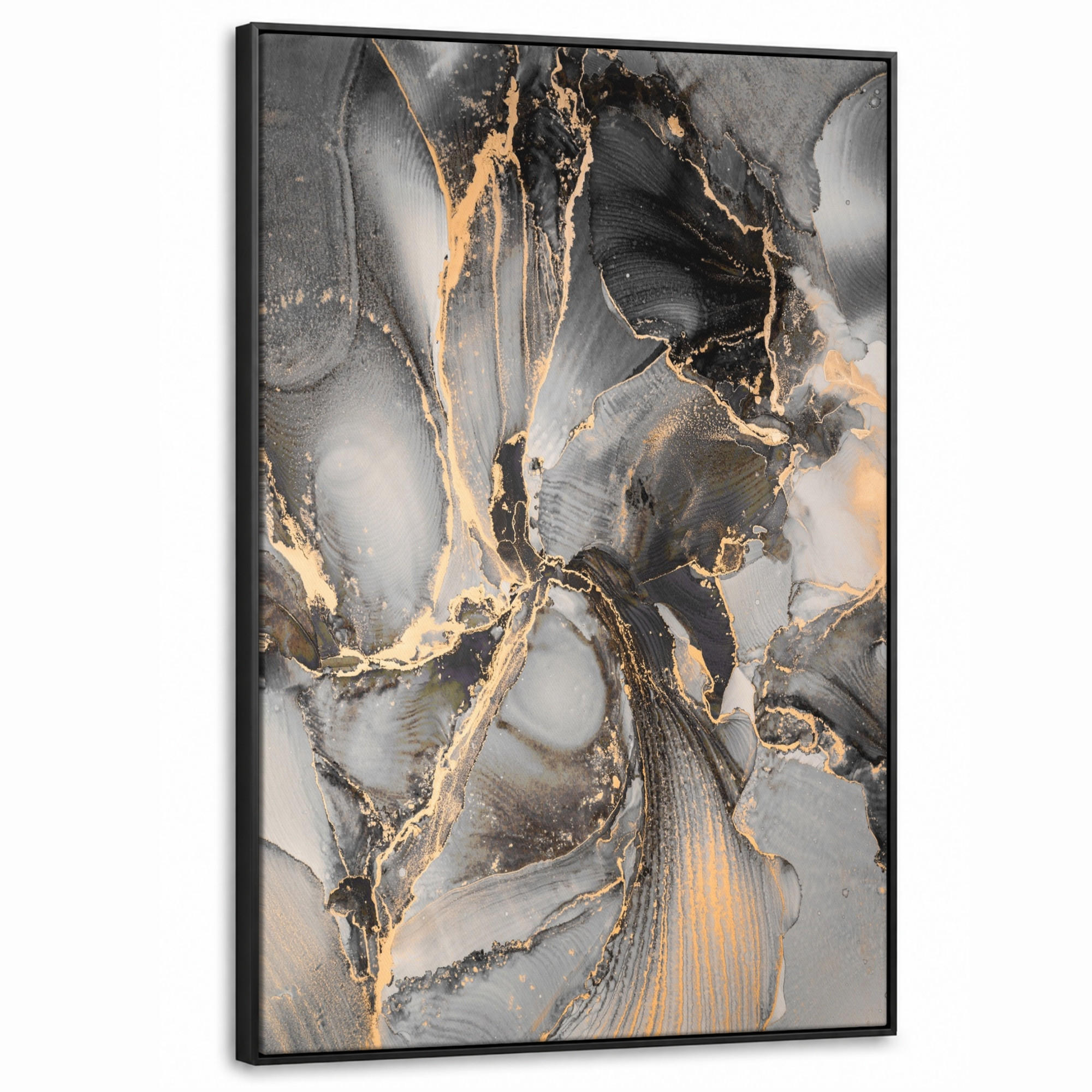 LEINWAND Bilder mit Rahmen - Grau - Luxus - Gold - Marmor - 100x150 - Dunkelgrau, Textil (100/150cm) - MuchoWow