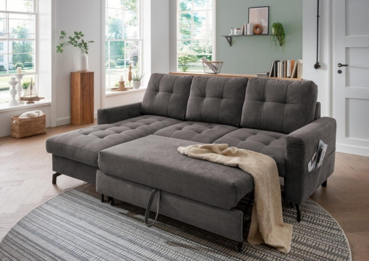 ECKSOFA mit Schlaffunktion und Bettkasten, Luxus-Mikrofaser - Anthrazit/Schwarz, Textil/Metall (230/150cm) - myHomelando