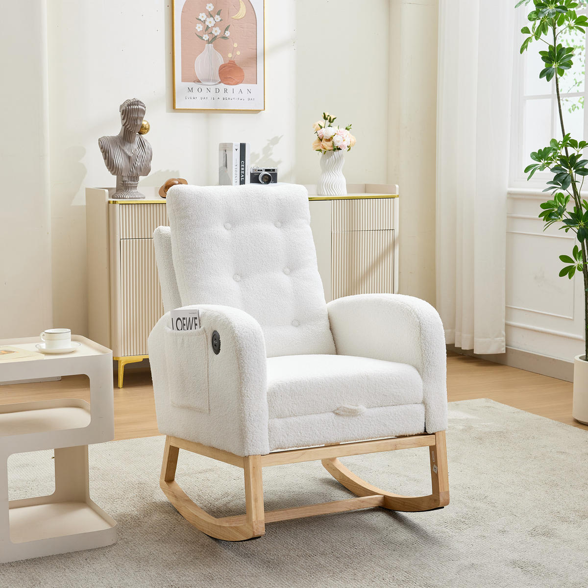 SCHAUKELSTUHL mit USB-Ladeanschluss Fußstütze weiß 66/121/102 cm - Weiß, Textil (66.5/102/121.5cm) - EVRYAE