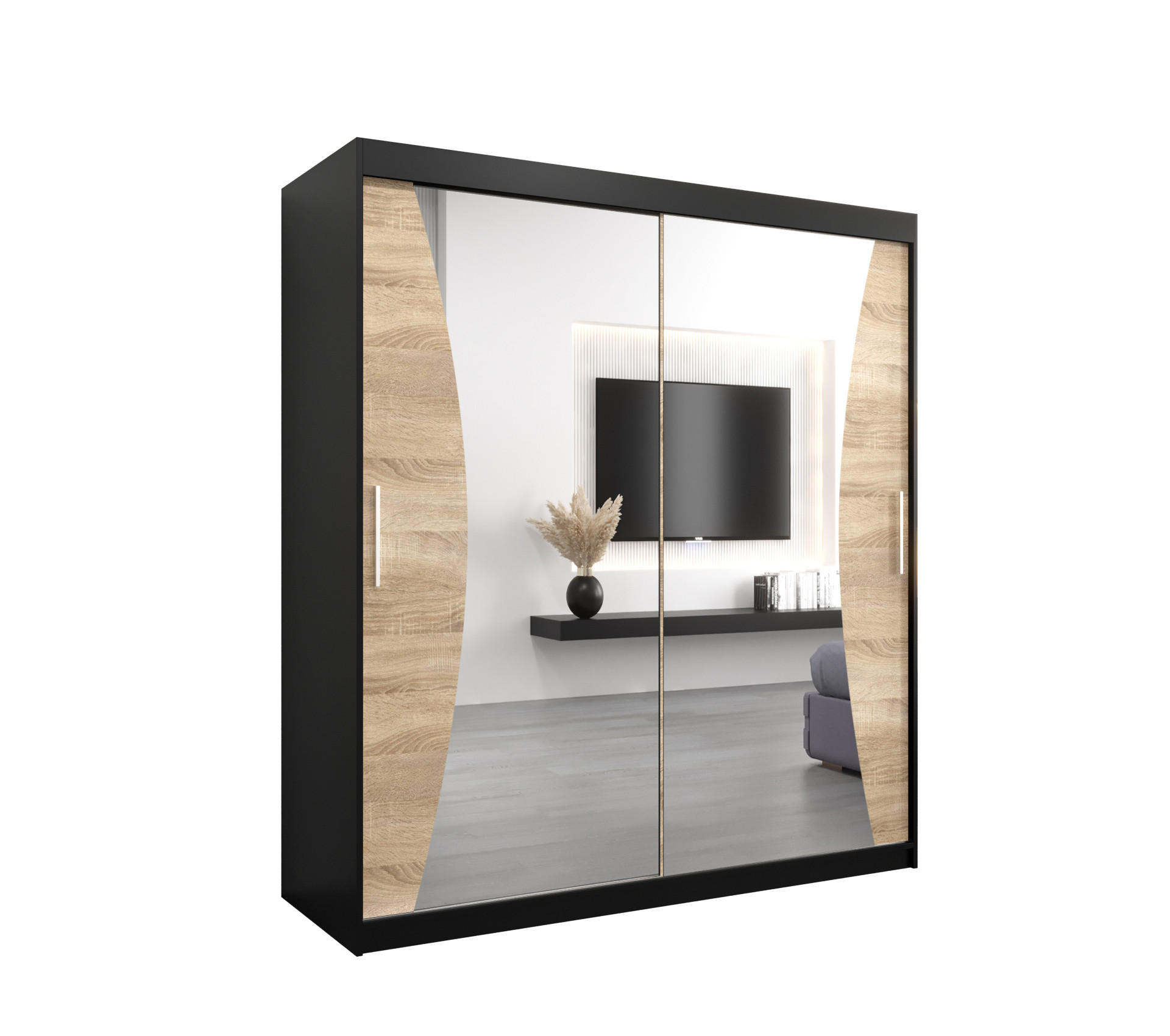 Abiks Möbel Schwebetürenschrank Schwarz, Sonoma Eiche 180x200x62 cm