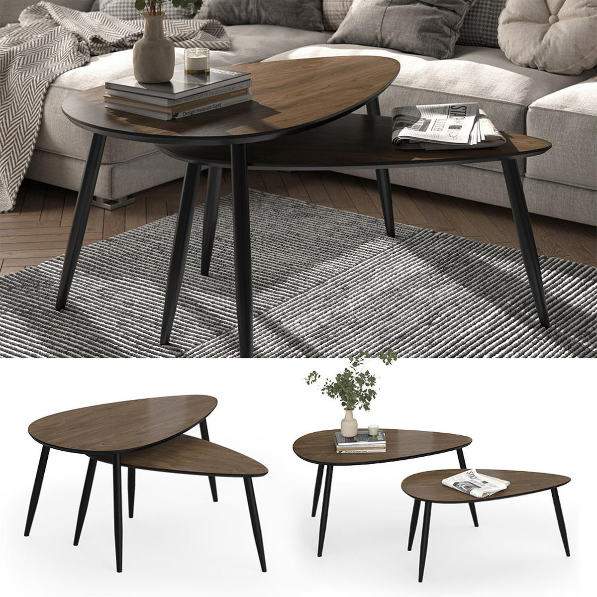COUCHTISCH-SET Veyo Walnuss/Schwarz 98 x 60 cm Set, 2 Teile - Walnussfarben/Schwarz, Holzwerkstoff (60/98/48cm) - Vicco