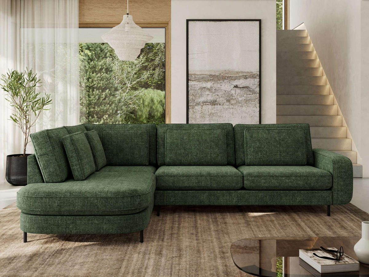 ROHOVÁ SEDAČKA CALENO L - Tmavě zelená hladký senil - Pravá Strana - černá/tmavě zelená, kov/textil (317/225cm) - MKS