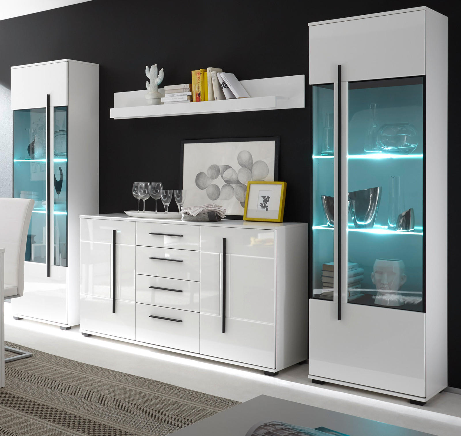 WOHNWAND Hochglanz weiß 4-teilig 290 cm, Wohnkombination modern, Soft-Close - Weiß Hochglanz/Schwarz, Glas/Holzwerkstoff (290/200/42cm) - Furn.Design