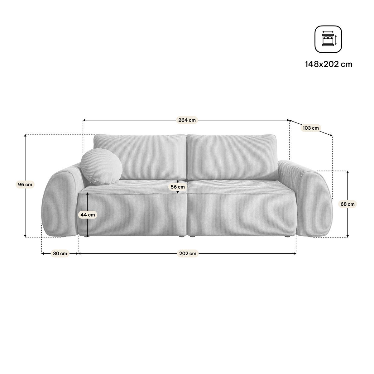 BETTSOFA ZEFEO Braun Kordstoff mit Schlaffunktion - Braun, Textil (264/96/106cm) - MASSENO