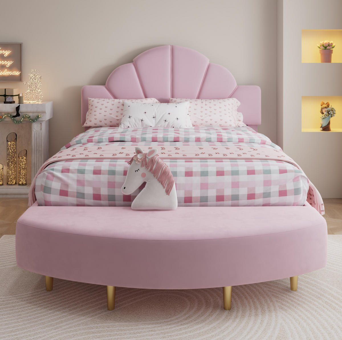 POLSTERBETT 140/200 cm Rosa mit Samtkopfteil und Bettbank - Rosa, Textil (140/200cm) - OKWISH