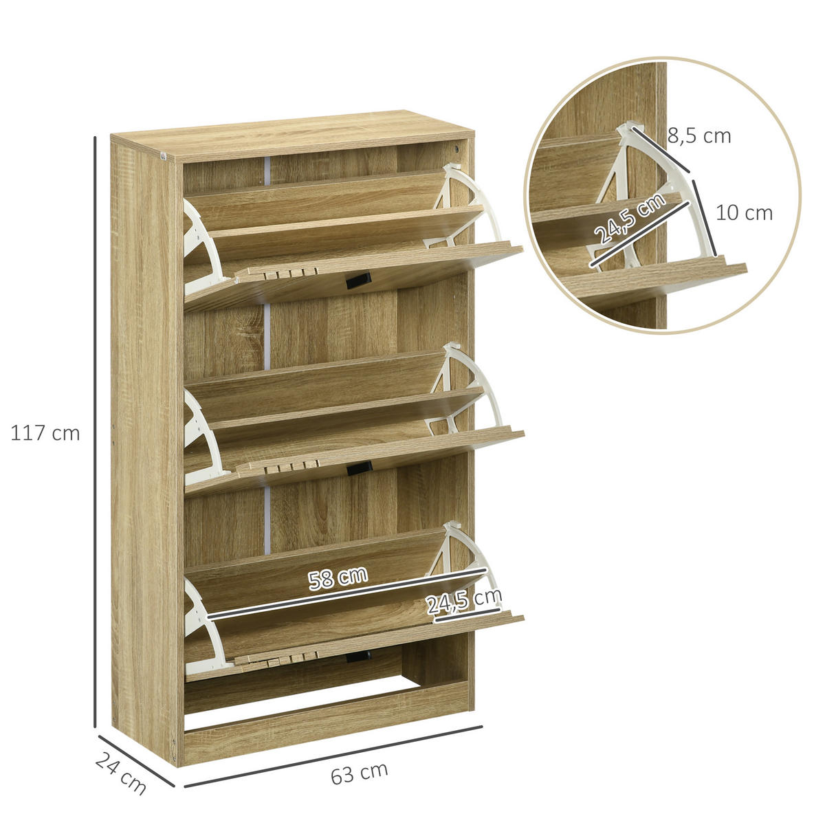SCHUHSCHRANK DE-14992 3 Klapptüren für 18 Paar Schuhe Eiche - Eichefarben, Holzwerkstoff (63/117/24cm) - ComfortXL