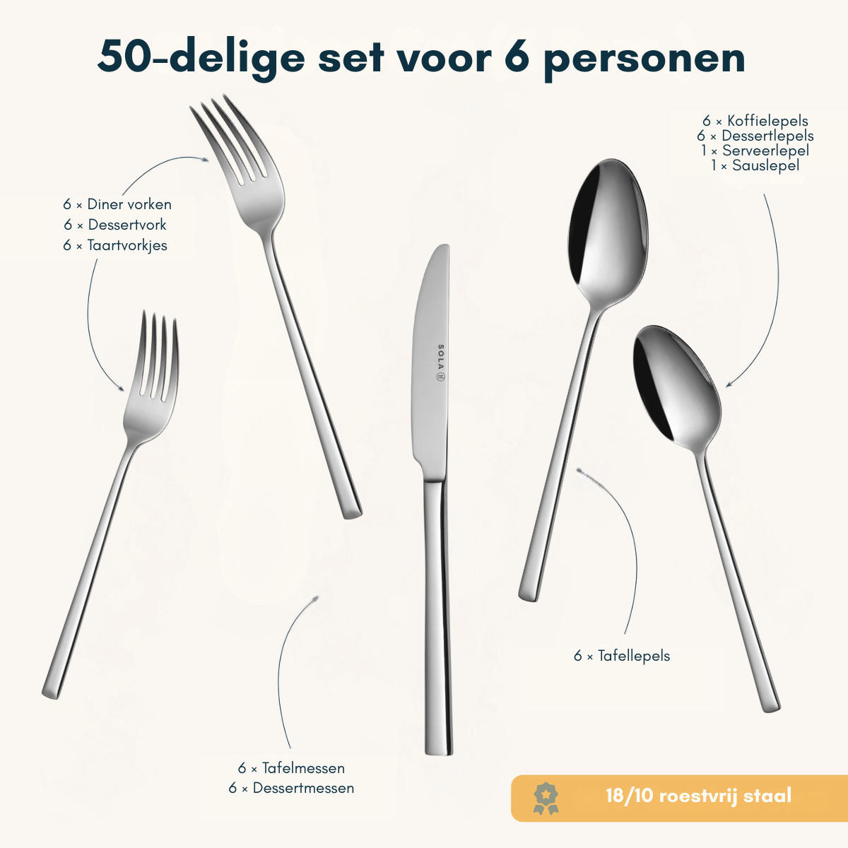 BESTECKSET Luxor - 18/10 Edelstahl - 50-teilig / 6 Personen - Silberfarben, Metall - Sola