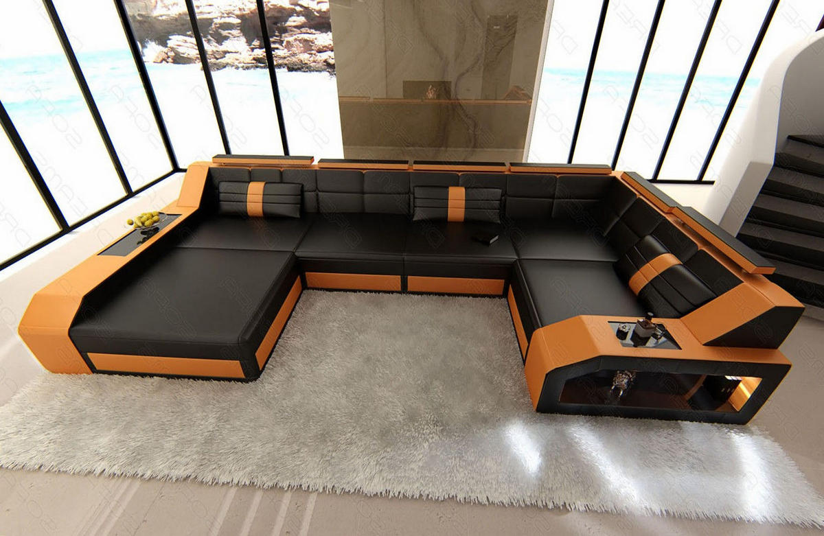 WOHNLANDSCHAFT Arezzo U - Schwarz/Orange, Leder (380/86/197cm) - Sofa Dreams