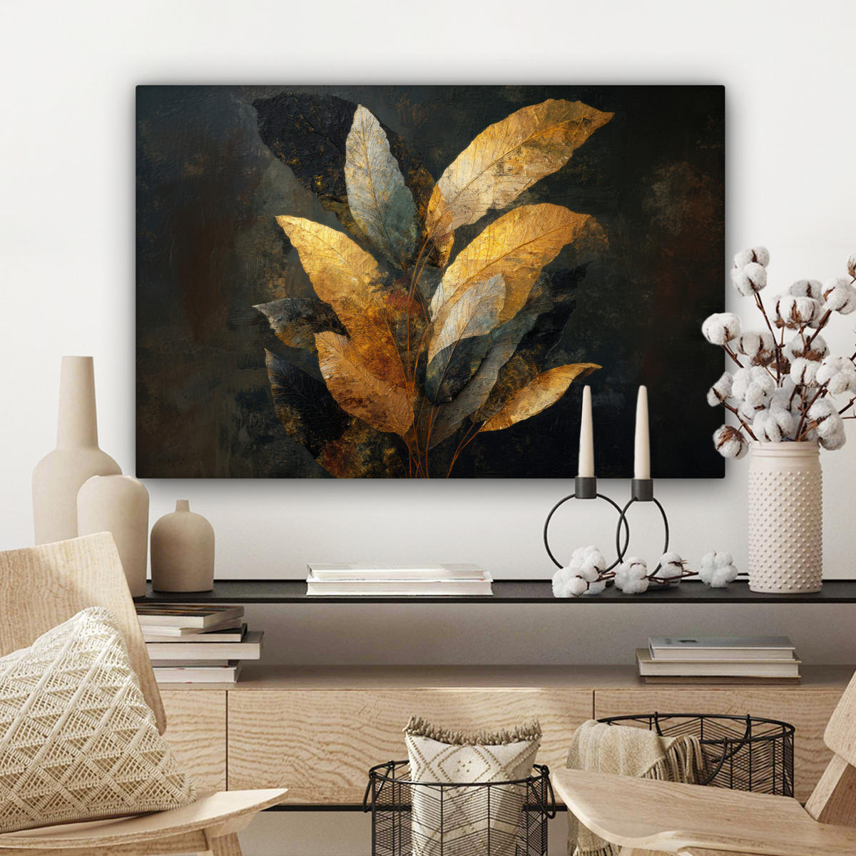 SLIKA NA PLATNU Listje 60x40 cm - zlate barve/črna, tekstil (60/40cm) - MuchoWow