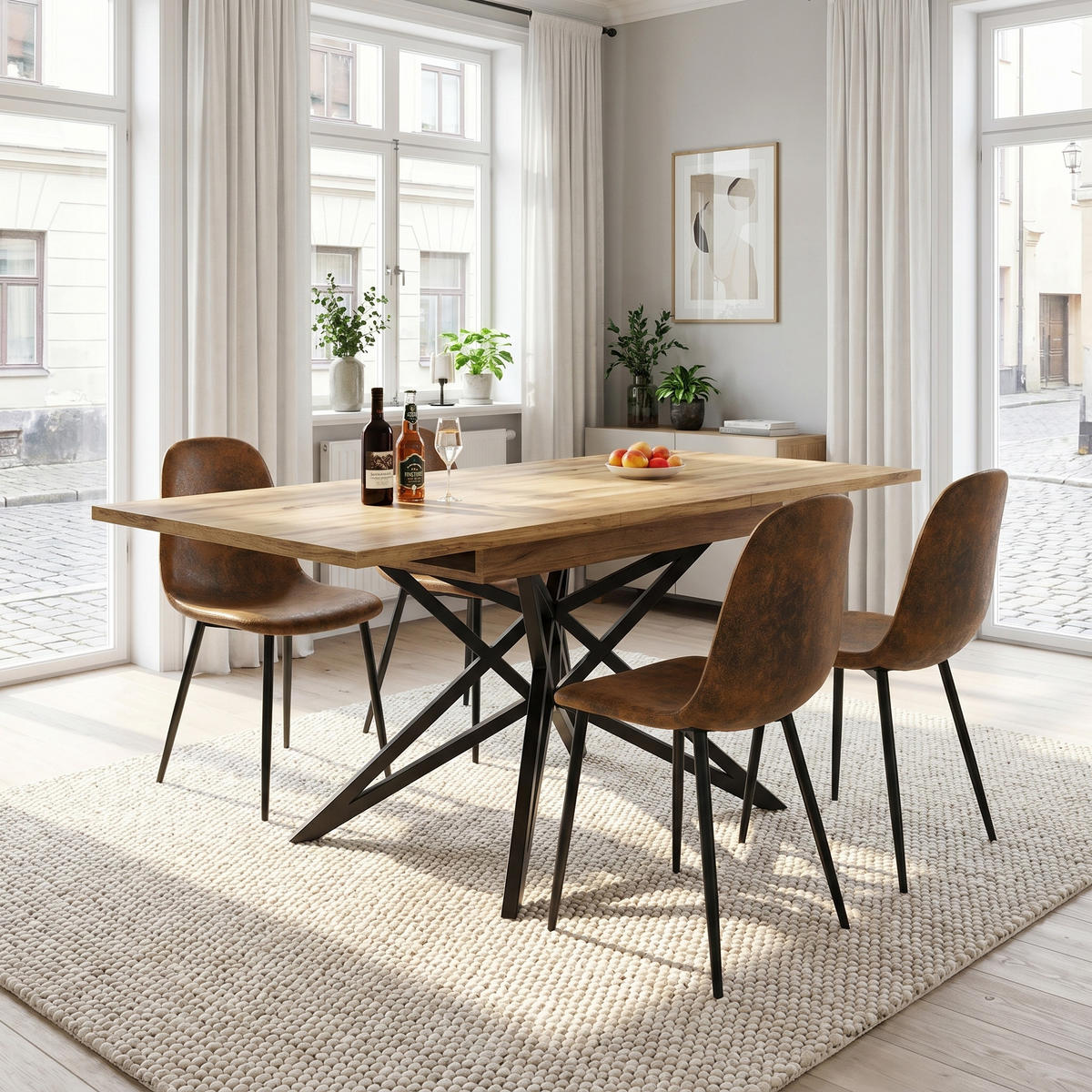 ESSTISCH-SET 1+4, ausziehbarer Tisch mit 4 Esszimmerstühlen - Walnussfarben/Schwarz, Holzwerkstoff (120/66.1/80cm) - Urban Meuble