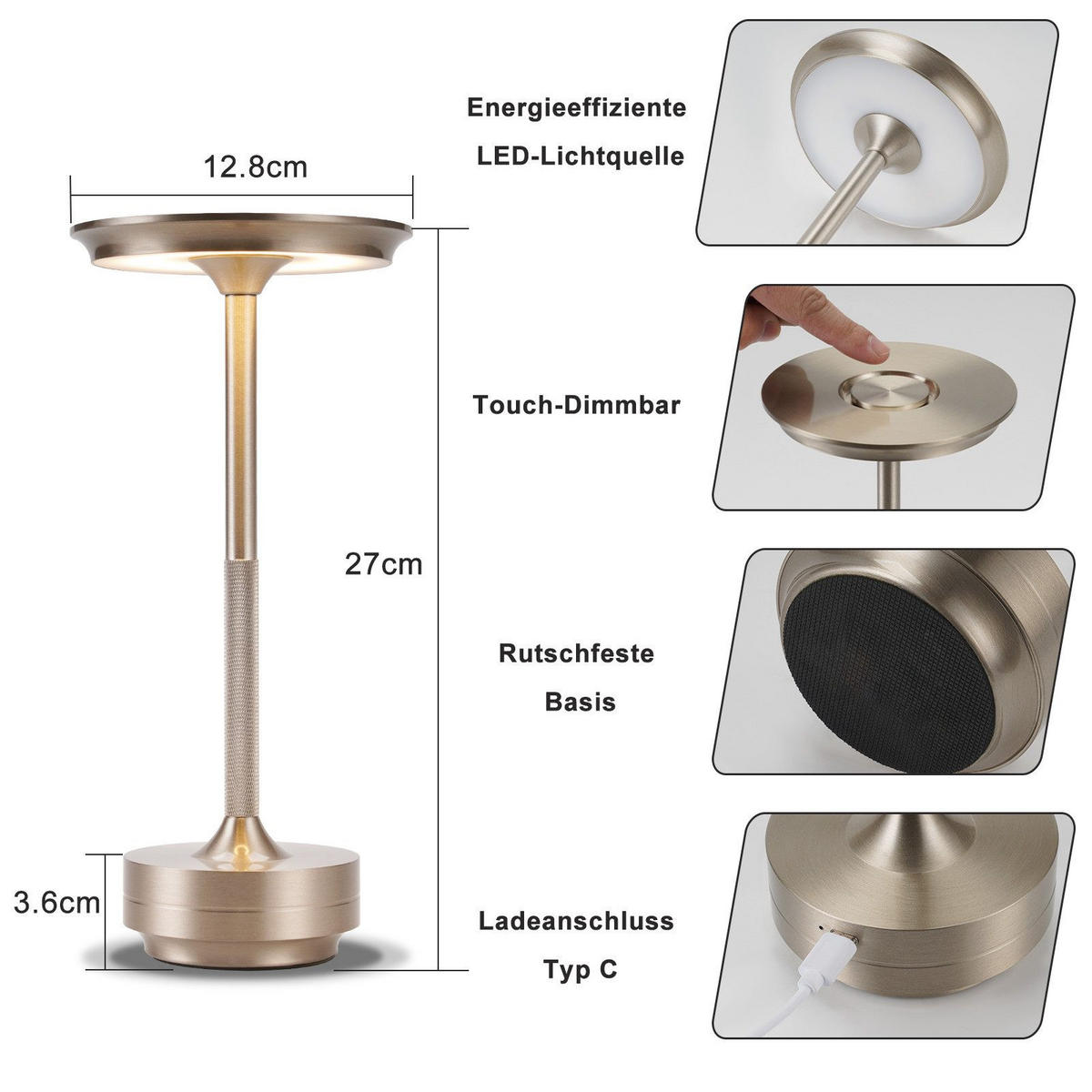 TISCHLEUCHTE Glanzig 12.8/12.8/27 cm - Silberfarben, Metall (27/12.8/12.8cm) - ZMH