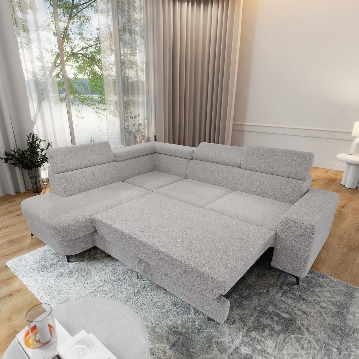 ECKSOFA ALVORO L-S Hellgrau Boucle-Stoff mit Schlaffunktion - Hellgrau, Holz (253/190cm) - MASSENO