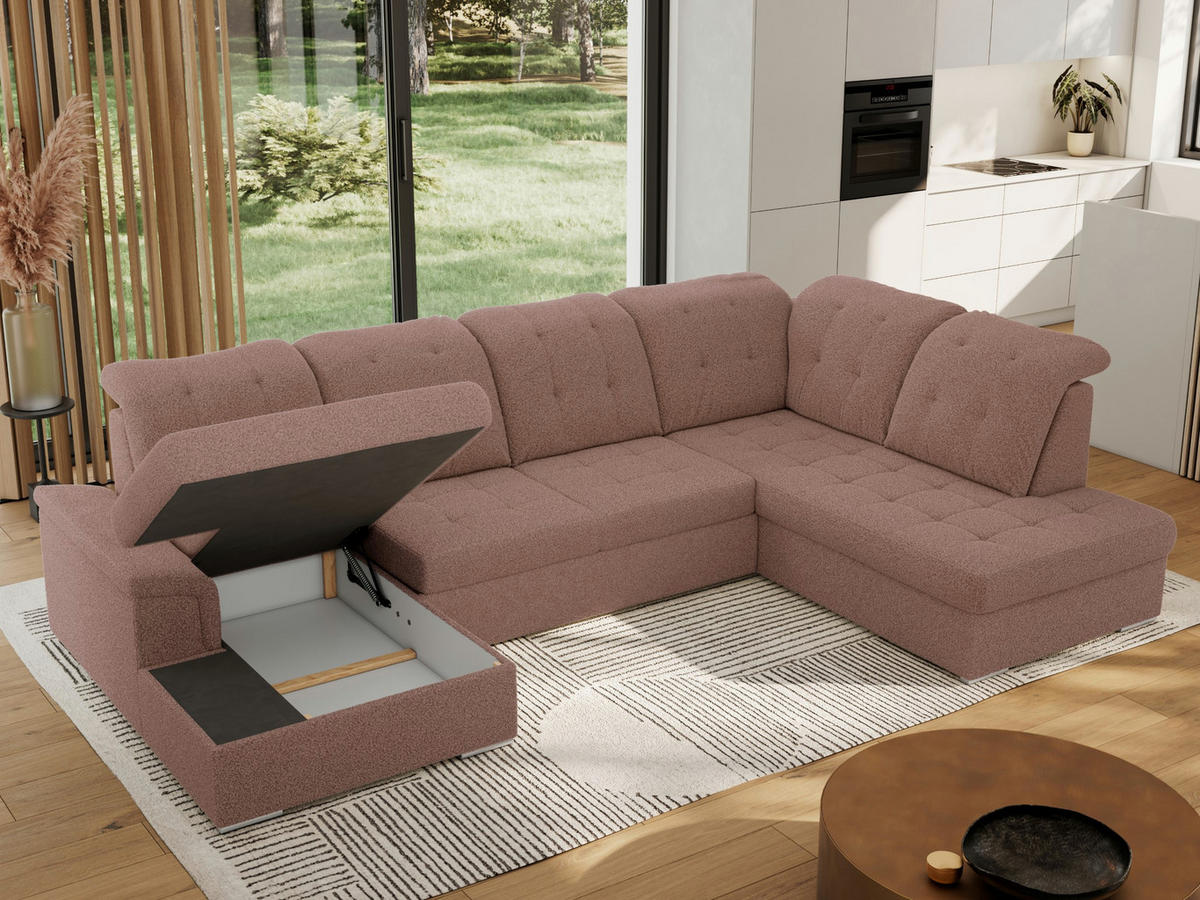 WOHNLANDSCHAFT MADRITO U - Rosa Boucle - Rechts - Silberfarben/Rosa, Textil/Metall (323/89/204cm) - MKS