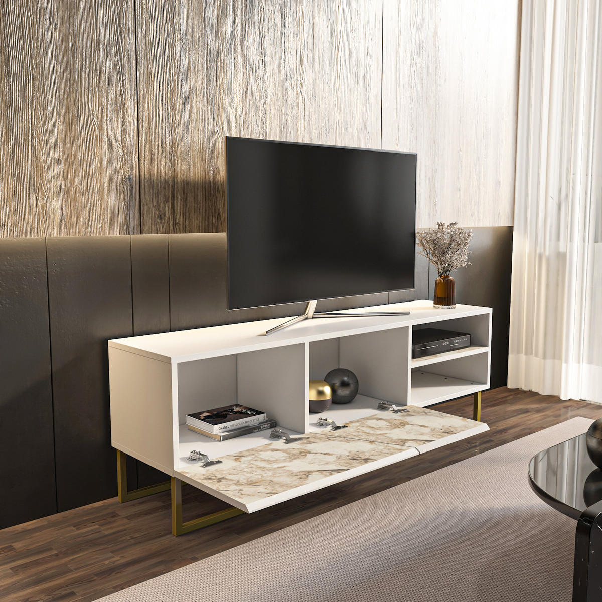 TV-ELEMENT Denasse Weiß Gold - Goldfarben/Weiß, Holzwerkstoff (150/50.5/35cm) - Decorotika