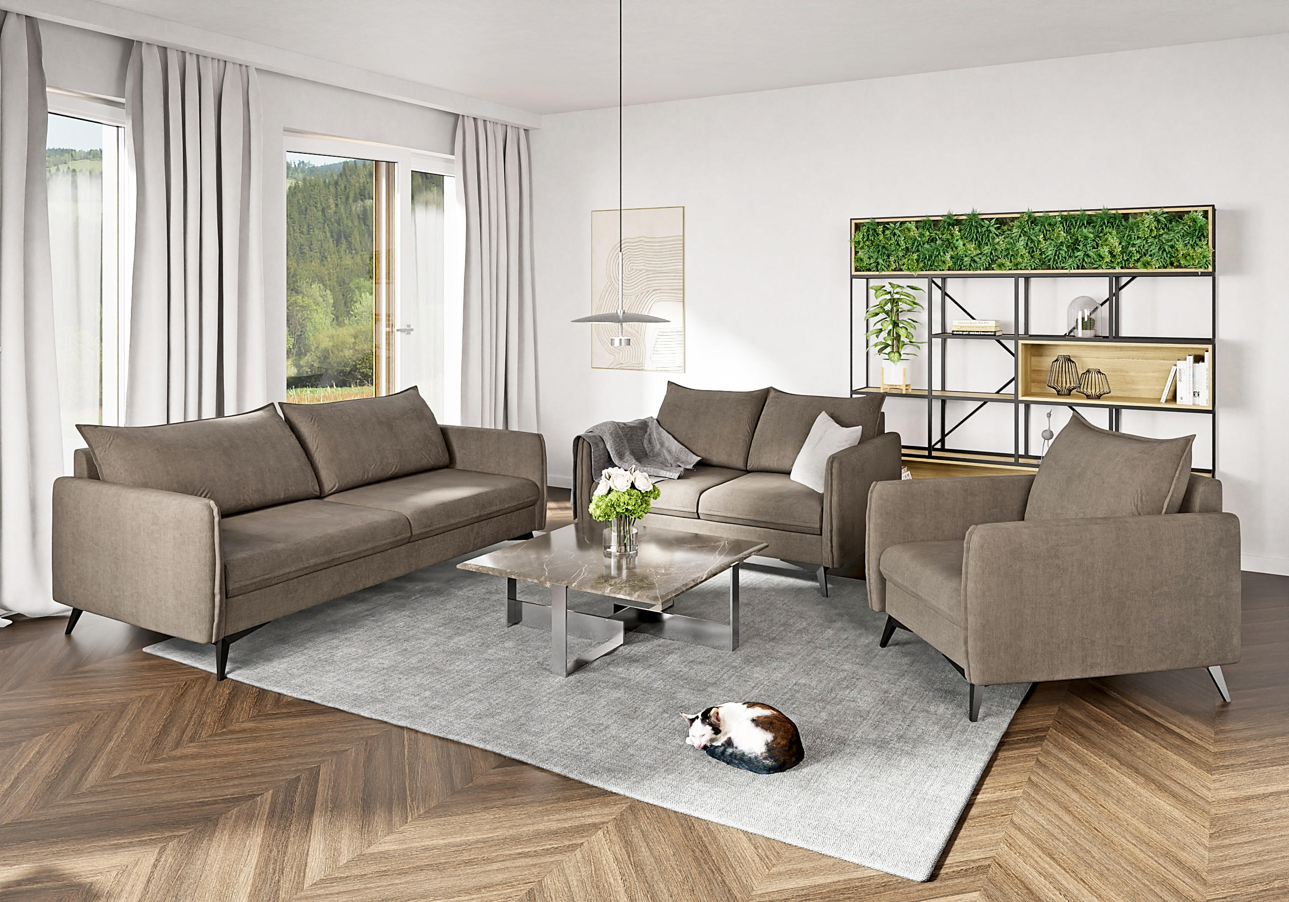 SITZGARNITUR 3+2+1 Pulse Dunkelbeige Luxusmikrofaser - Beige/Schwarz, Holz/Textil (199/86/91cm) - S-Style Möbel