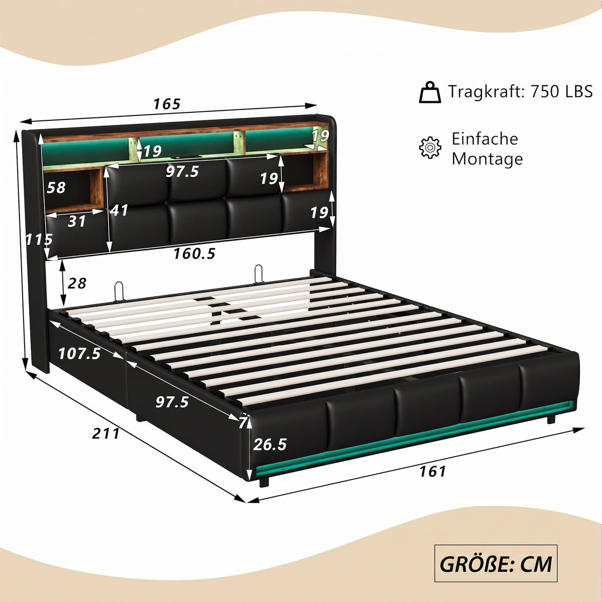 POLSTERBETT 160x200, Doppelbett mit Bettkasten, LED und USB, hydraulischer Stauraum, PU Schwarz - Schwarz, Leder/Holz (160/200cm) - GENKI LIVING