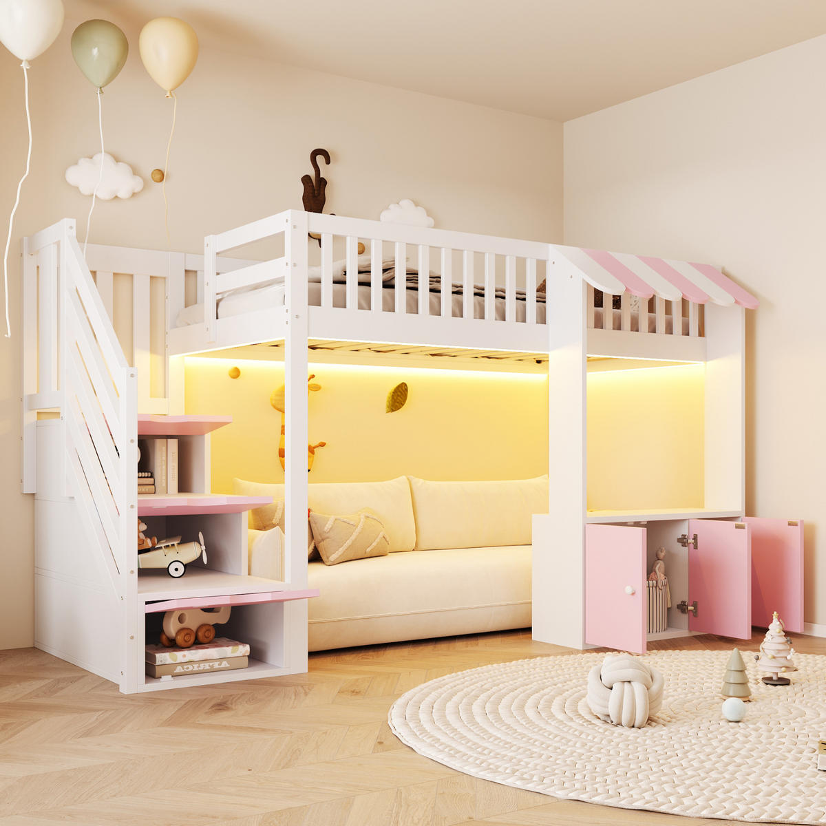 HOCHBETT 90x200 Rosa Holz Stauraumschrank LED - Multicolor, Holz (90/200cm) - FLIEKS