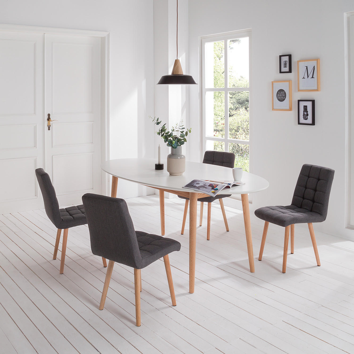 POLSTERSTUHL - Webstoff / Eiche massiv - Dunkelgrau, Textil (42/81/57cm) - home24