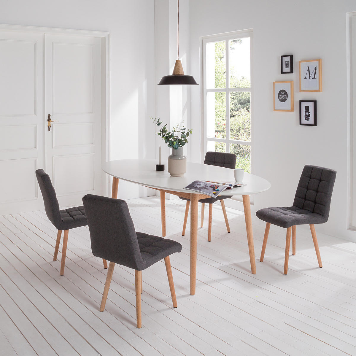 POLSTERSTUHL - Webstoff / Eiche massiv - Dunkelgrau, Textil (42/81/57cm) - home24