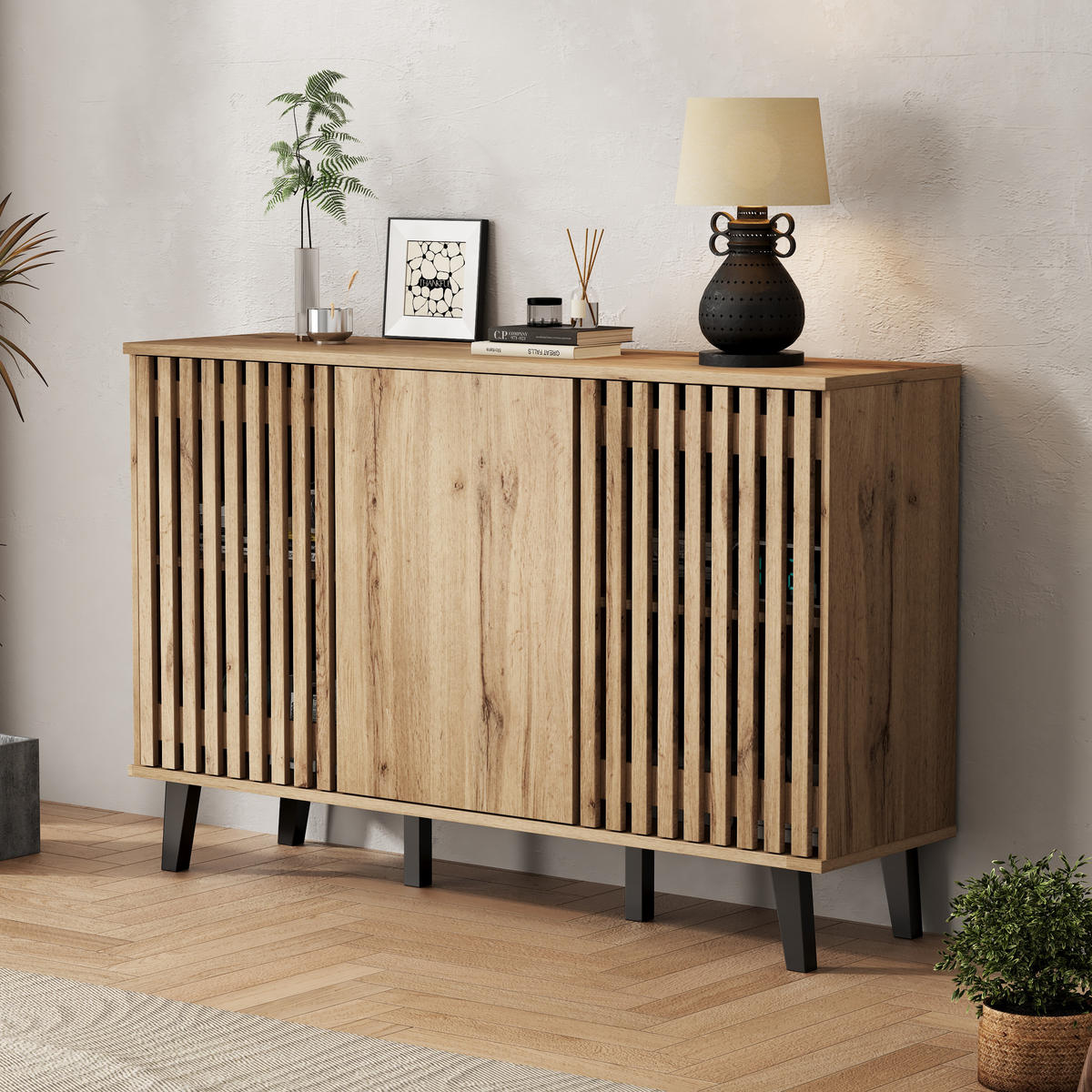 SIDEBOARD 3 Türen 6 Fächer 150x40x95cm Stauraum Mehrzweck - Naturfarben, Holzwerkstoff (40/95/150cm) - FLIEKS