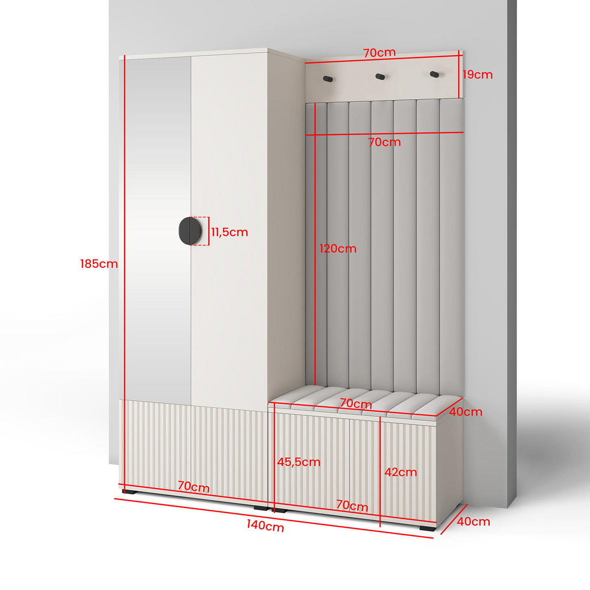 GARDEROBE Ritmo version 1 mit Spiegel, mit POLSTERPANEELEN SCHWARZ - Beige/Schwarz, Holzwerkstoff (140/185/40cm) - Jerpax