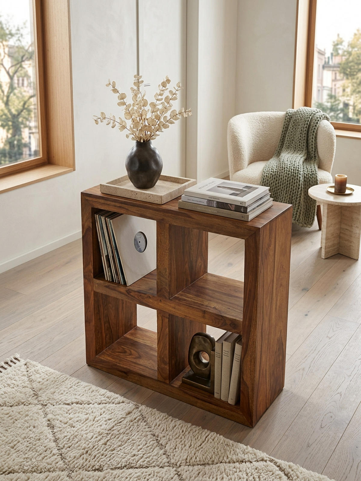 STANDREGAL – Naturholz, Massiv, 4 Fächer, 82x82x34 cm - Braun, Holz (82/82/34cm) - KADIMA DESIGN