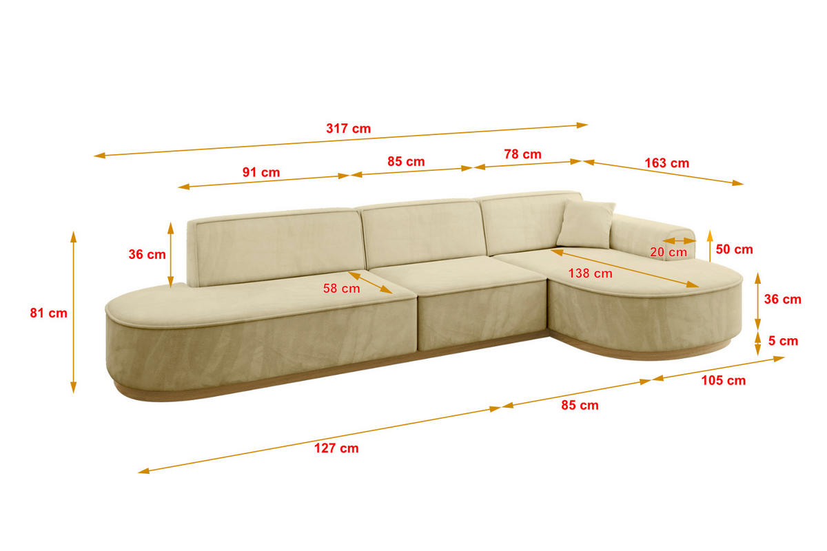 ECKSOFA Ottomane Rechts MARI-L2-v2 - 328x171x83 cm Beige Velours - Beige, Holzwerkstoff/Textil (171/328cm) - ALTDECOR
