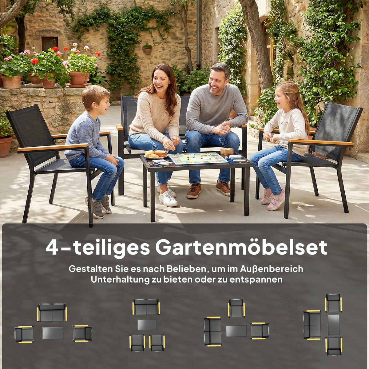 GARTENSET 4-teilig Schwarz 110.0/63.5/84.0 cm - Schwarz, Metall