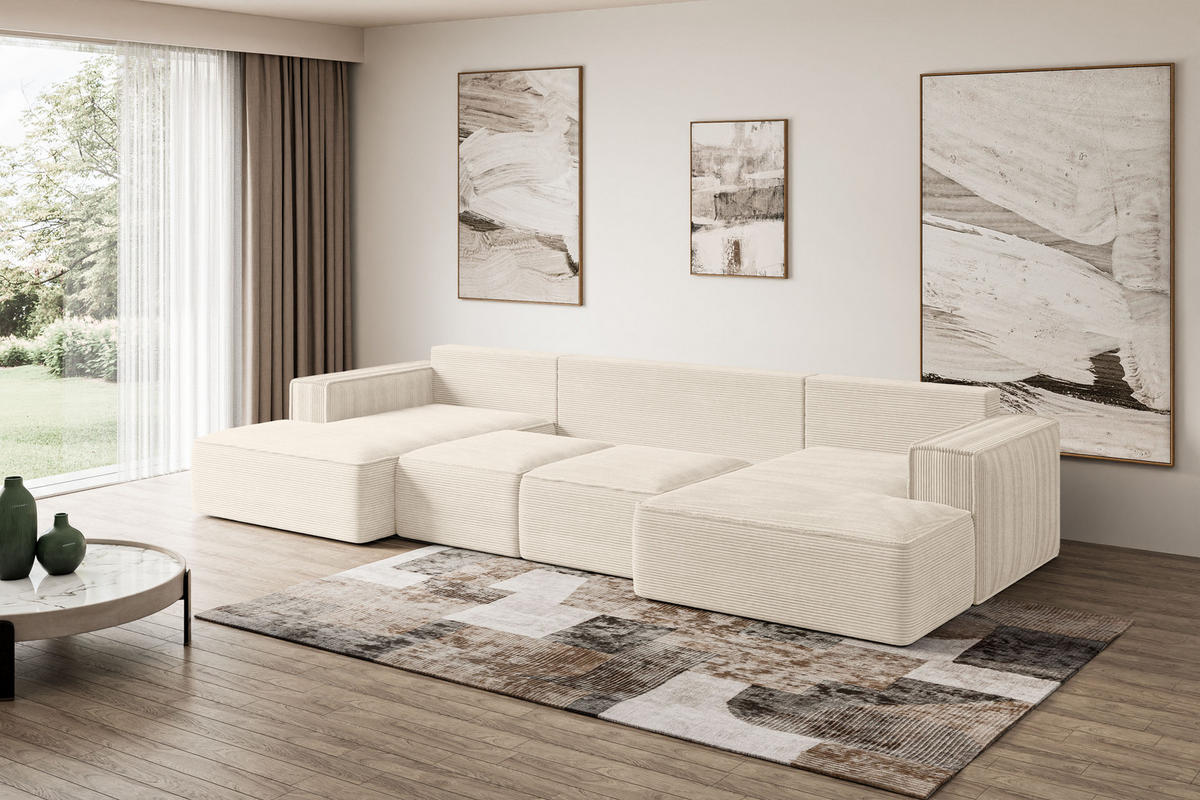 WOHNLANDSCHAFT mit Schlaffunktion und Bettkasten SIERRA-U-S - 349x161x87 cm Beige Cord - Beige/Schwarz, Holzwerkstoff/Kunststoff (349/87/161cm) - ALTDECOR