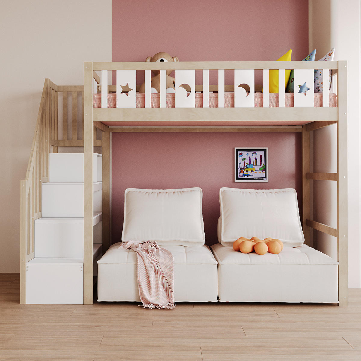 HOCHBETT 90/200 cm weiß/natur aus Massivholz mit Treppe und Regal - Naturfarben, Holzwerkstoff (90/200cm) - OKWISH