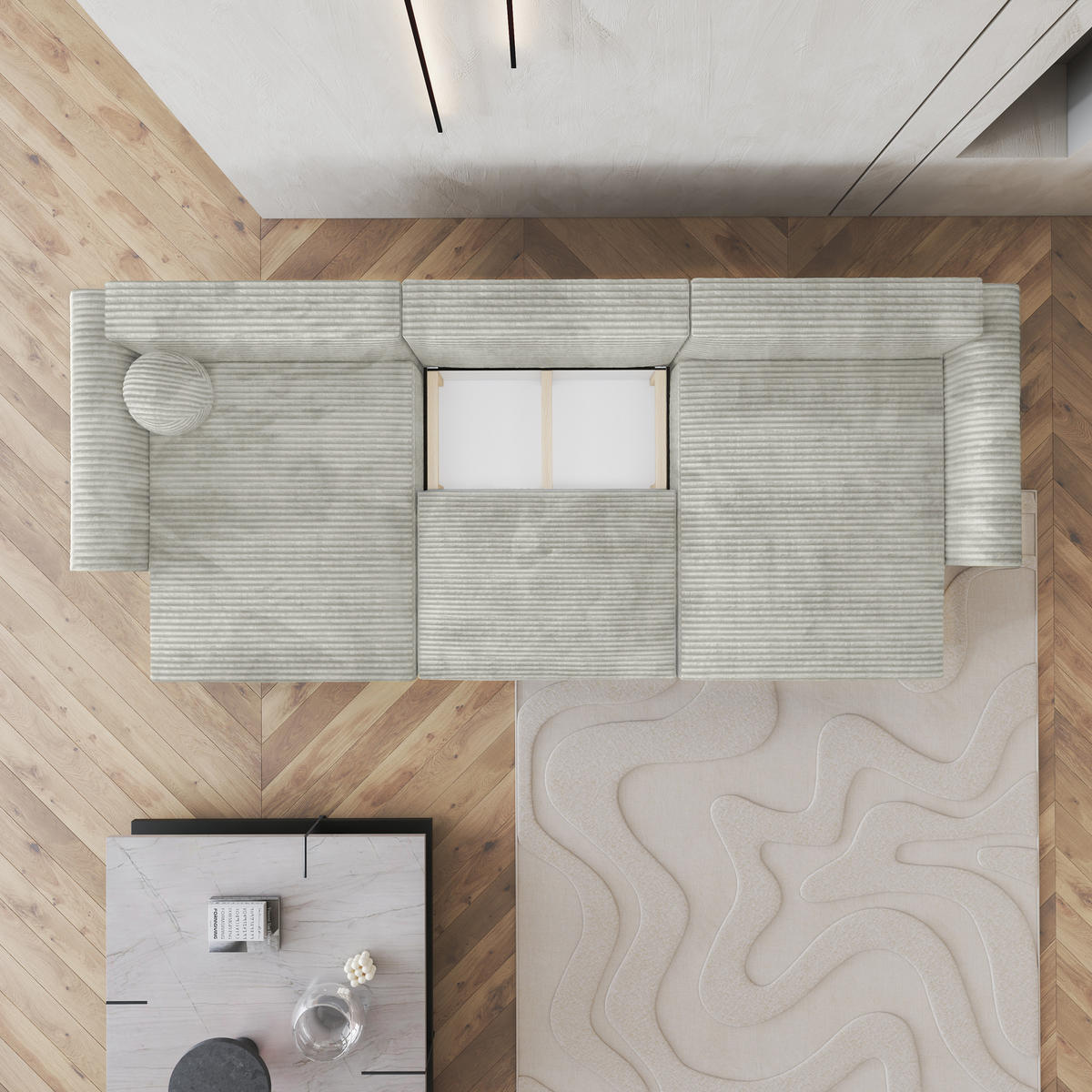 WOHNLANDSCHAFT FENTO Hellgrau Kordstoff mit Schlaffunktion - Hellgrau, Holz (347/90/148cm) - MASSENO