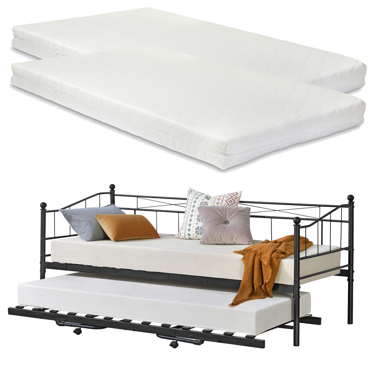 TAGESBETT Skutskär mit 2 Matratzen - Schwarz, Textil/Metall (90/200cm) - [en.casa]