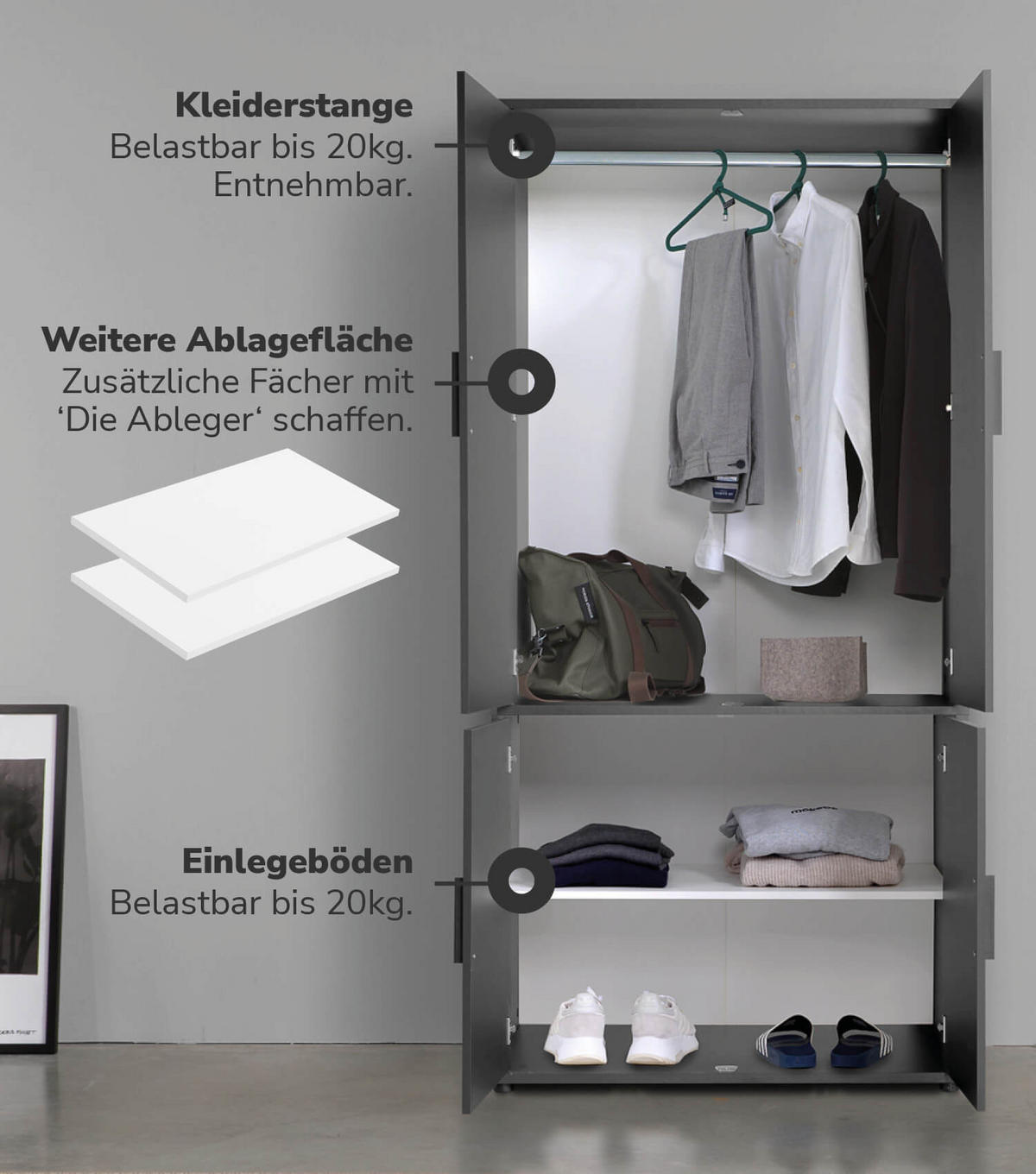 KLEIDERSCHRANK Der Grenzenlose - Anthrazit, Holzwerkstoff (90/187/58cm) - Mokebo