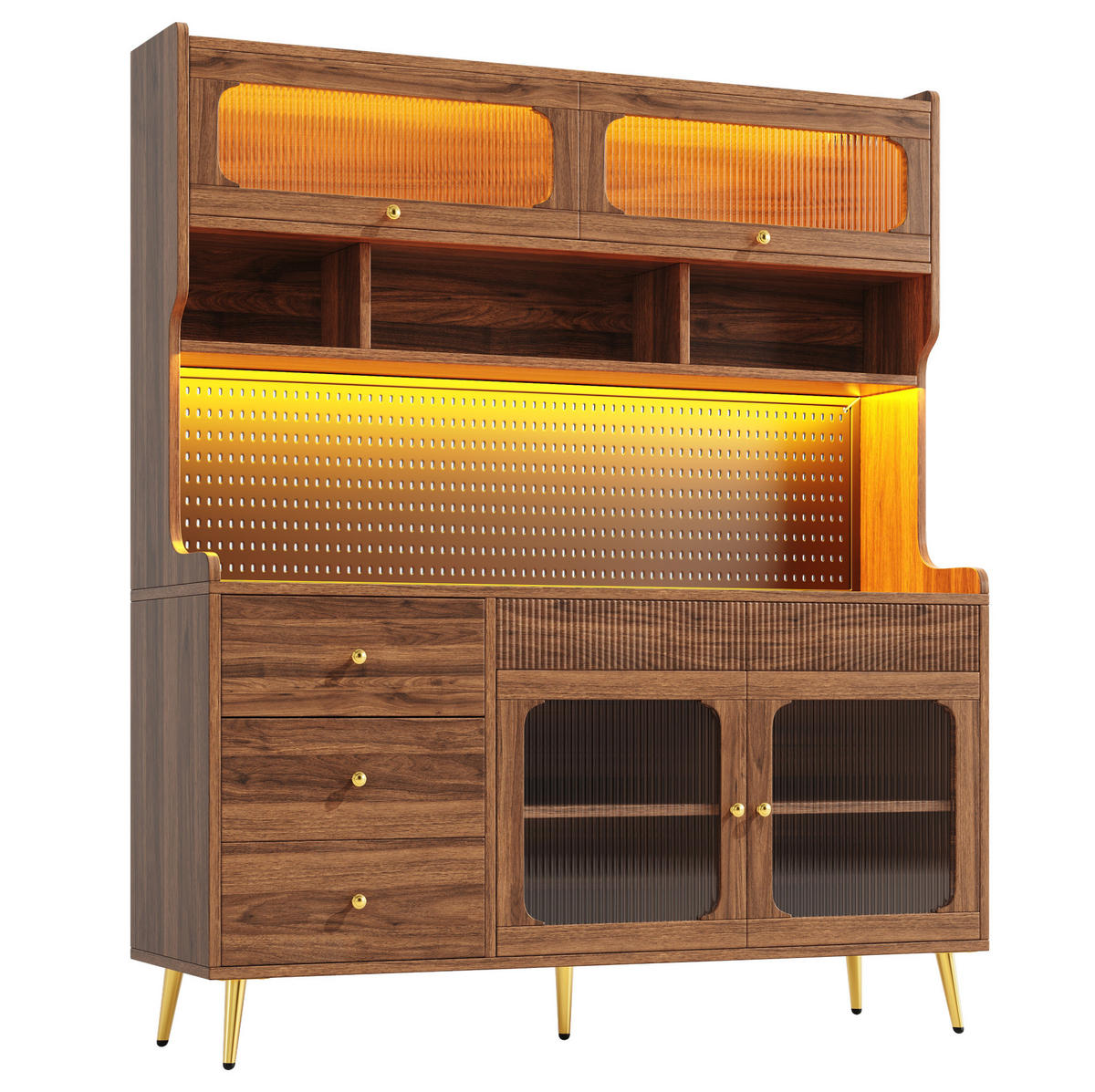 BUFFET 145/39/171 cm aus MDF und Glas mit LED-Beleuchtung Walnussfarben - Walnussfarben, Holzwerkstoff (145/171/39cm) - Modenvie