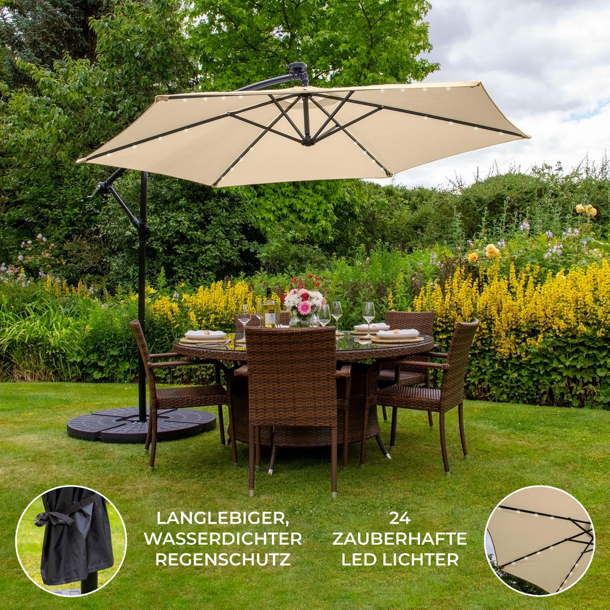 SONNENSCHIRM 300cm LED Ampelschirm mit fächerförmigem Sockel - Beige - Beige, Textil (300/300cm) - Monstershop
