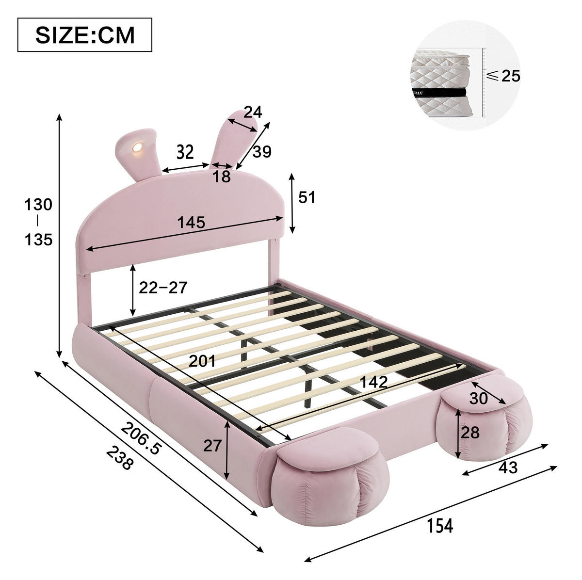 POLSTERBETT mit Stauraum 140x200 cm Samt Pink 2 Hocker - Pink, Metall (140/200cm) - Meubliv