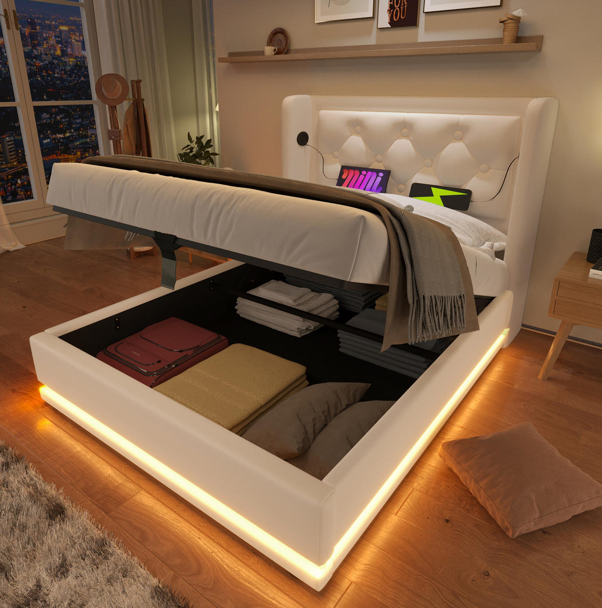 POLSTERBETT 90/200 cm mit Bettkasten, LED und USB-C in Weiß - Weiß, Kunststoff (90/200cm) - BEAOK